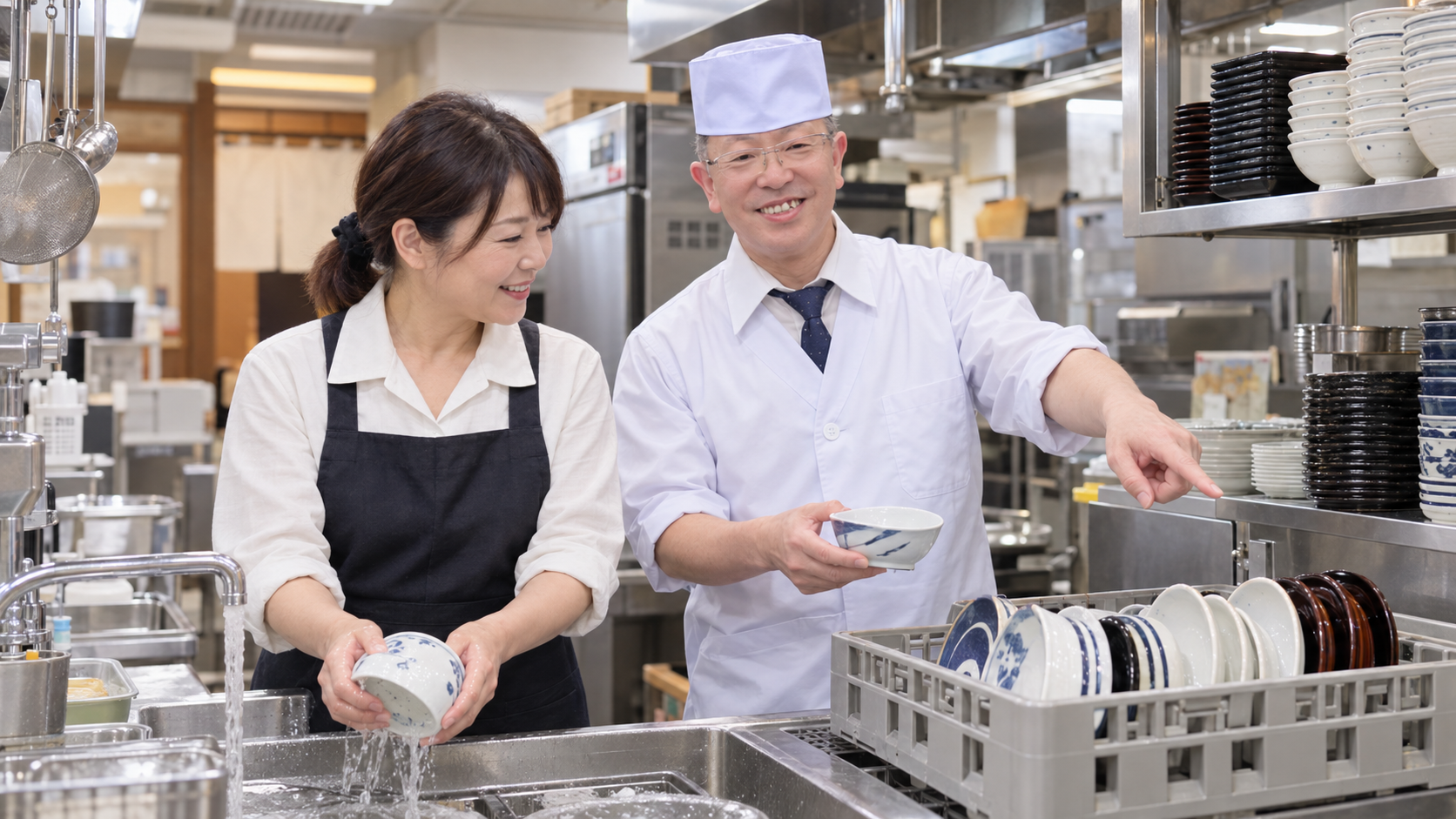 洗い場の仕事を伝える場面