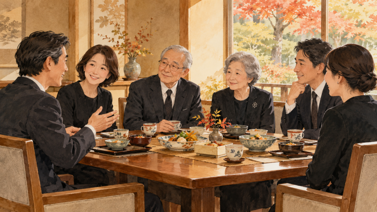 一周忌・三回忌の会食で親族が椅子席の食卓を囲むAI生成イラスト。実店舗・実料理の写真ではありません。