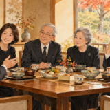 一周忌・三回忌の会食で親族が椅子席の食卓を囲むAI生成イラスト。実店舗・実料理の写真ではありません。