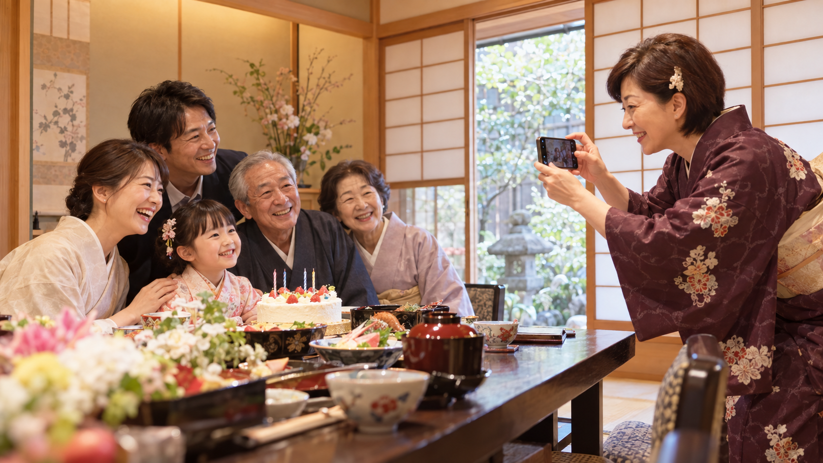 ご家族の記念撮影をお手伝いする場面