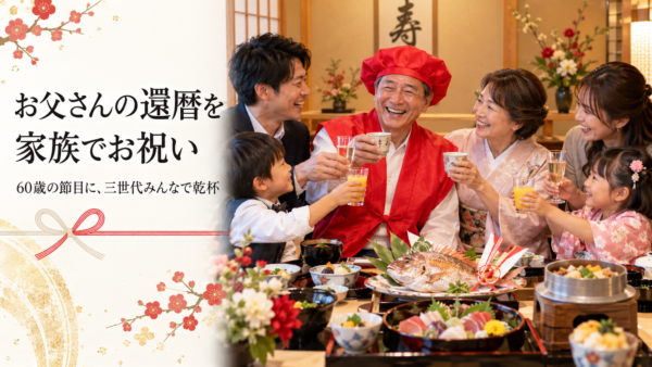 岡崎での還暦祝いディナー。赤いちゃんちゃんこを着たお父さんが照れ笑いする瞬間に密着