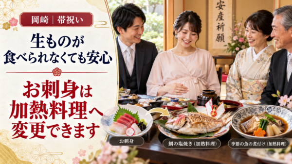 岡崎の帯祝いで、妊娠中で生ものが食べられない場合、お刺身を加熱調理に変更できますか？