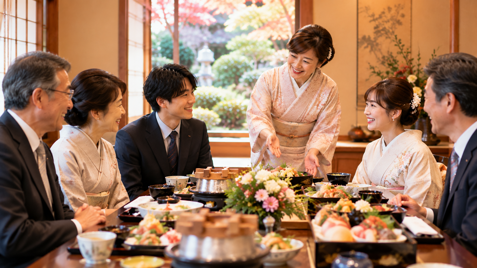 和食と釜飯を囲む家族のイメージ