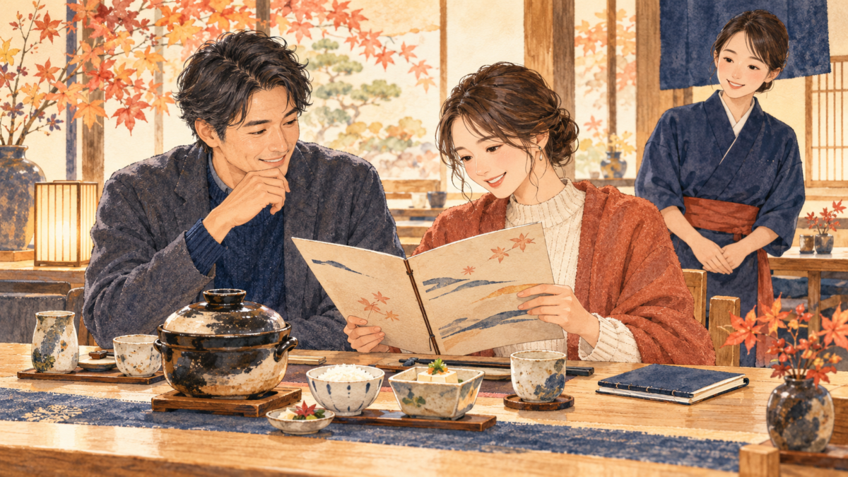 献立を見ながら家族の食事会を相談する二人を描いたAI生成イラスト。魚信の実店舗・実料理・スタッフの写真ではありません。