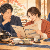 献立を見ながら家族の食事会を相談する二人を描いたAI生成イラスト。魚信の実店舗・実料理・スタッフの写真ではありません。