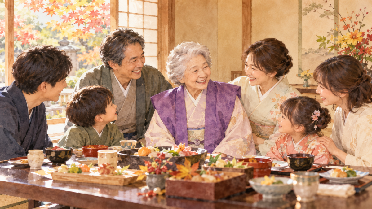 紫の祝い着を着た祖母を囲み、家族で喜寿を祝う食事会のAI生成イメージ