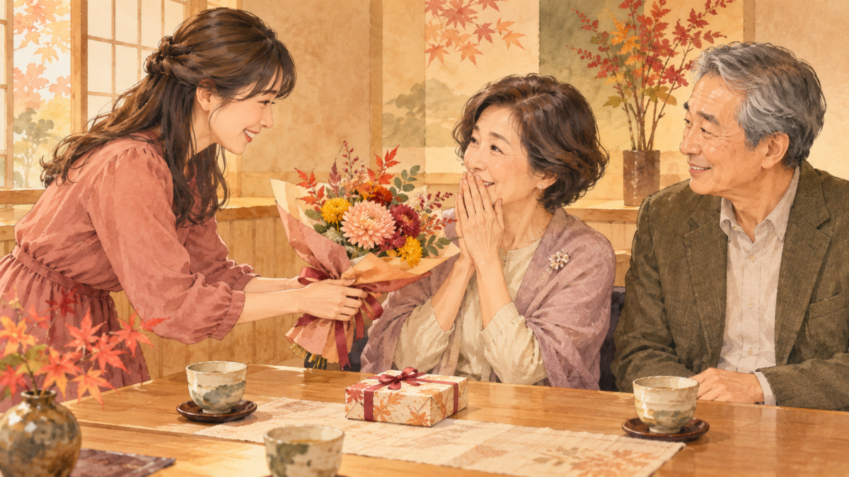 家族の食事会で娘が母に花束を渡す場面を描いたAI生成イラスト。魚信の実店舗・実料理・実際のお客様の写真ではありません。
