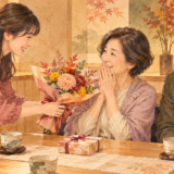 家族の食事会で娘が母に花束を渡す場面を描いたAI生成イラスト。魚信の実店舗・実料理・実際のお客様の写真ではありません。