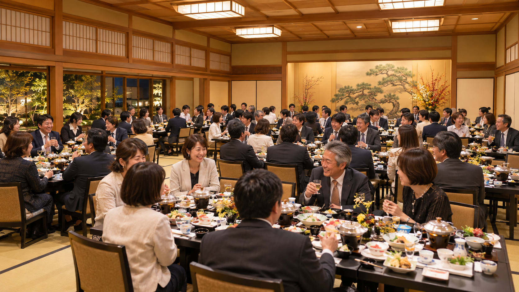 椅子席の宴会場で食事と会話を楽しむ人々のイメージ